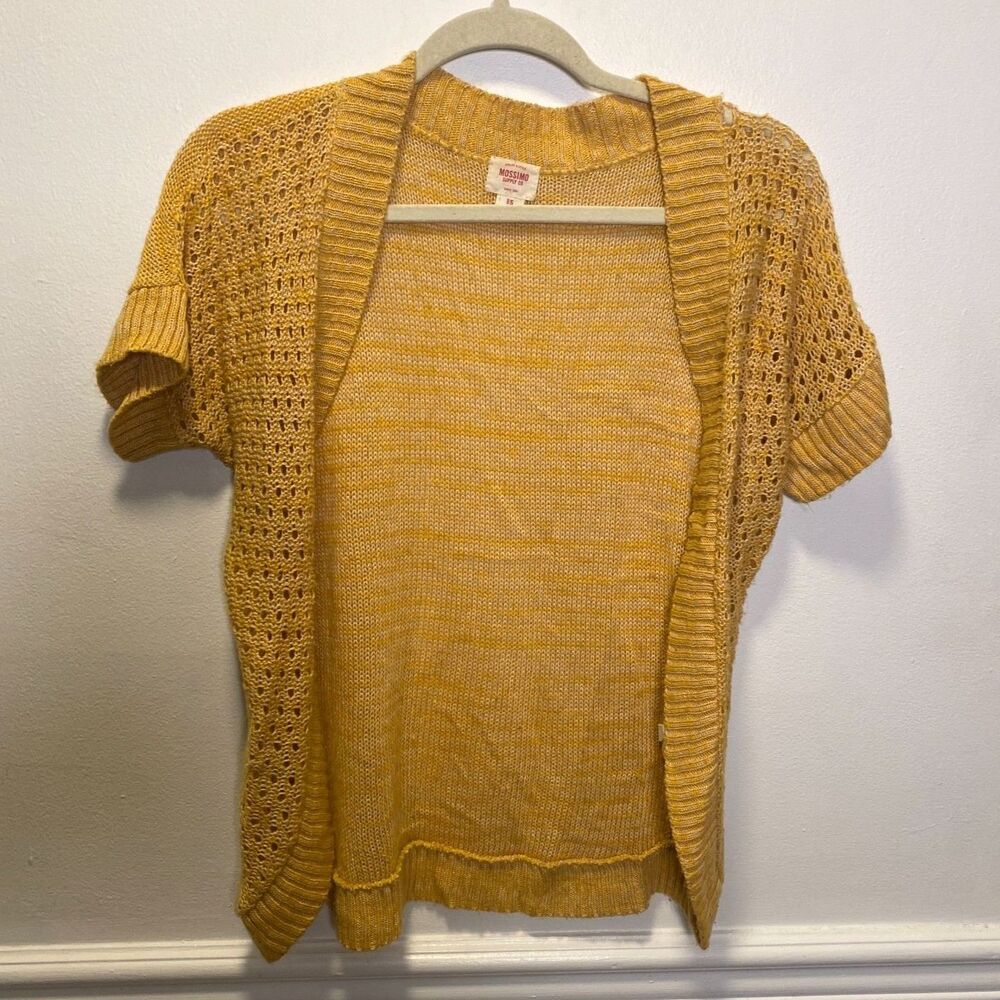Boho Mossimo Supply Co Mustard Yellow Open Knit Short Sleeve Cardigan Sweater S